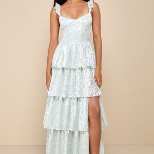 Lulus Stunning Glory Sage Green Floral Jacquard Tiered Maxi Dress - Size S